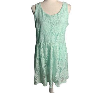 Lace Daisy Sleeveless Mini Dress XL Blue Floral Elastic Waist Lined Keyhole Zip